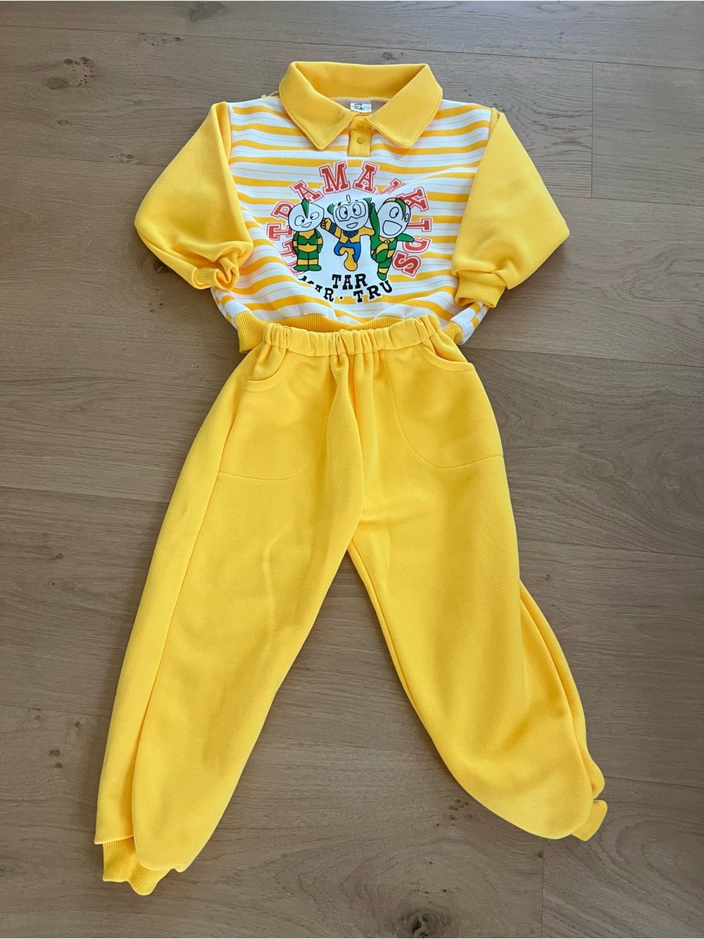 New Yellow Striped Cartoon Polo Top & Jogger Set